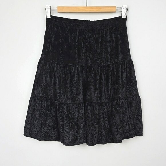 SUGAR KAINE Women's Black Crushed Velvet Tiered A-Line Skirt Stretch Size 14 - Picture 1 of 8